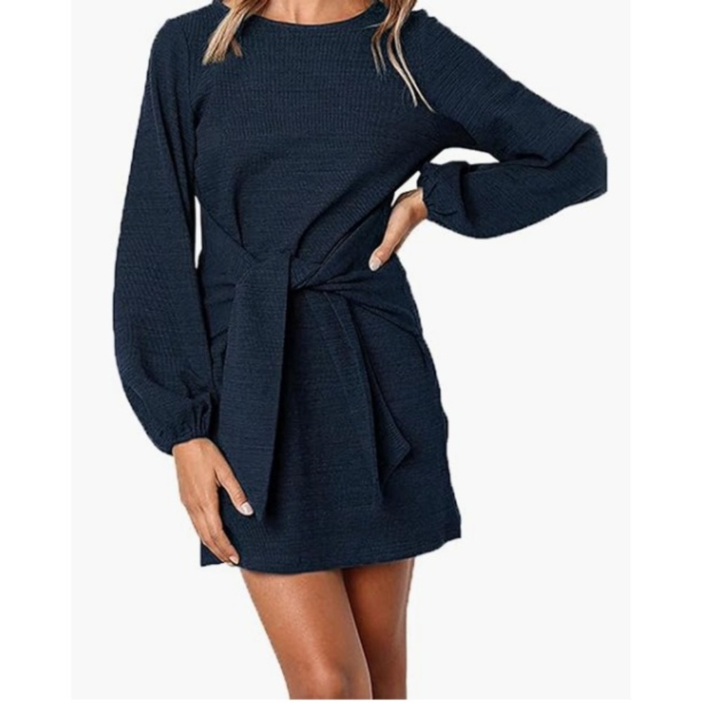 Navy Blue Tie Front Long Sleeve Mini Dress Size S Small Crew Neck Lantern